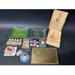 A quantity of assorted motoring collectables including a brass plaque 'National Benzole Company