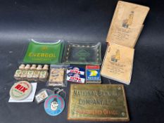 A quantity of assorted motoring collectables including a brass plaque 'National Benzole Company