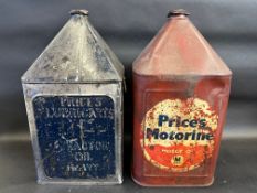 A Price's Motorine five gallon pyramid can and a Price's Lubricants Tractor Oil five gallon can.