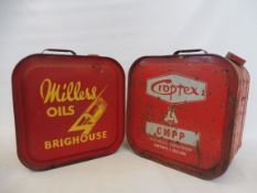 A Millers Oils five gallon drum and one other.