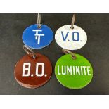 Four enamel bulk tank tags, TT, V.O., B.O. and Luminite.