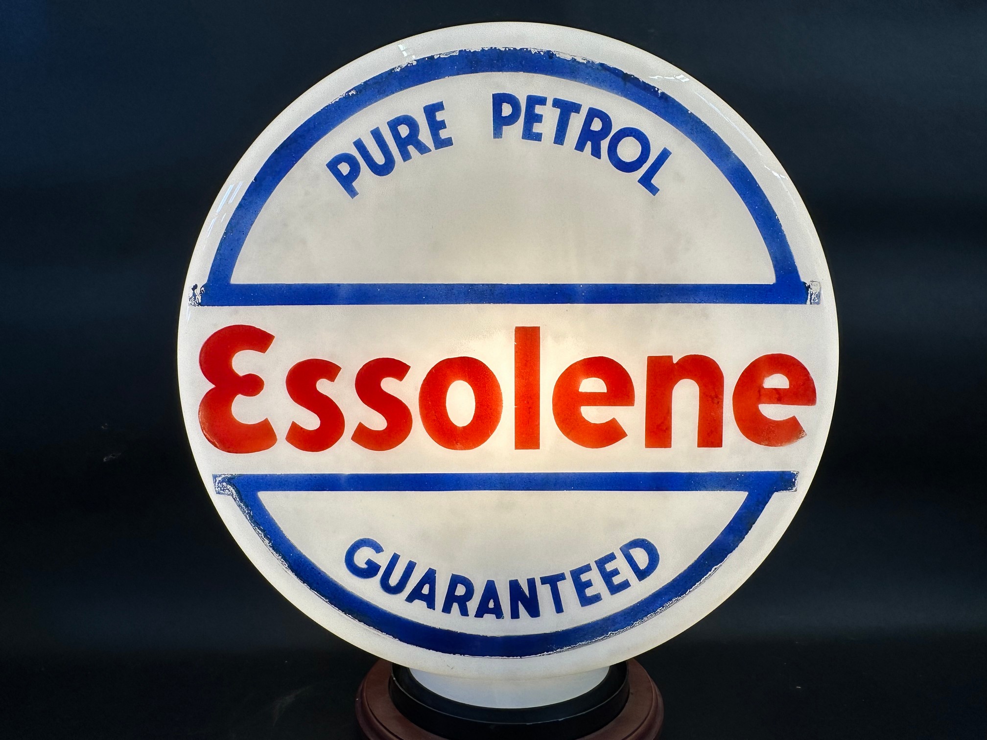 A rare 1930s Essolene drum shaped glass petrol pump globe in superb condition, fully stamped - Image 2 of 5