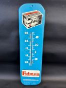 A rectangular tin thermometer advertising Fulmen batteries, 7 1/2 x 27".