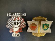 Two variations of Shellmex & BP Ltd enamel lapel badges.