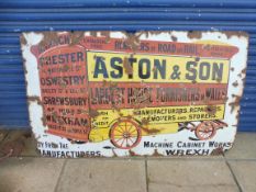 A large pictorial enamel sign advertising Aston & Son, Largest House Furnishers in Wales,