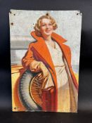A small John Bull Tyres pictorial showcard depicting a lady leaning against a pre-war motor car.