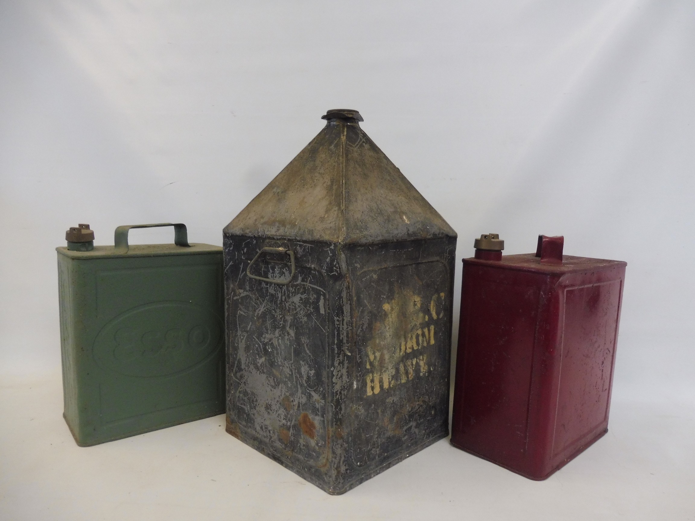 A five gallon pyramid can with remains of NBC paper label, plus two petrol cans. - Image 2 of 4