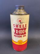 A Shell X-100 Motor Oil cylindrical quart can.