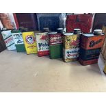 Seven quart oil cans, various brands including Mobiloil Special, Girling etc.