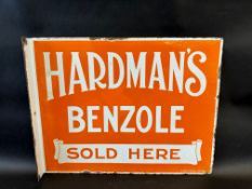 An extremely rare double sided enamel sign with hanging flange, advertising Hardman's Benzole,