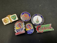 A quantity of enamel lapel badges including BMC, Morris and Castrol.