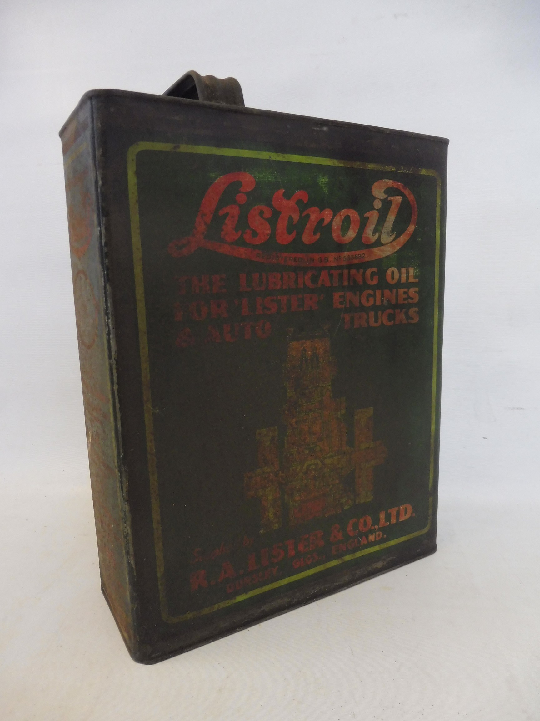 A Listroil Lubricating Oil gallon can with an image of a stationary engine to both sides. - Image 2 of 4