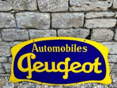 A French Peugeot double sided enamel sign in excellent condition, 39 1/4 x 19 3/4".