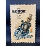 A Lodge Sports Plugs pictorial showcard depicting an oversized spark plug with a motorcycle at speed