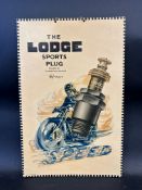 A Lodge Sports Plugs pictorial showcard depicting an oversized spark plug with a motorcycle at speed