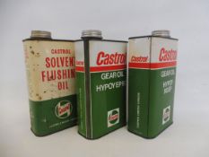 A Castrol Solvent Flushing Oil quart can and two Castrol Hypoy Gear Oil quart cans.