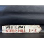 A double sided wooden directional sign pointing towards Whiteway, also warning of a steep hill 1-