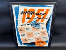 A framed and glazed Avon Tyres advertising poster showing first place in 27 events, 1951, 18 x 22".