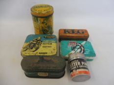 A small tray of tins including spark plugs, also a Wilpol Super Wadding tin in very good condition.