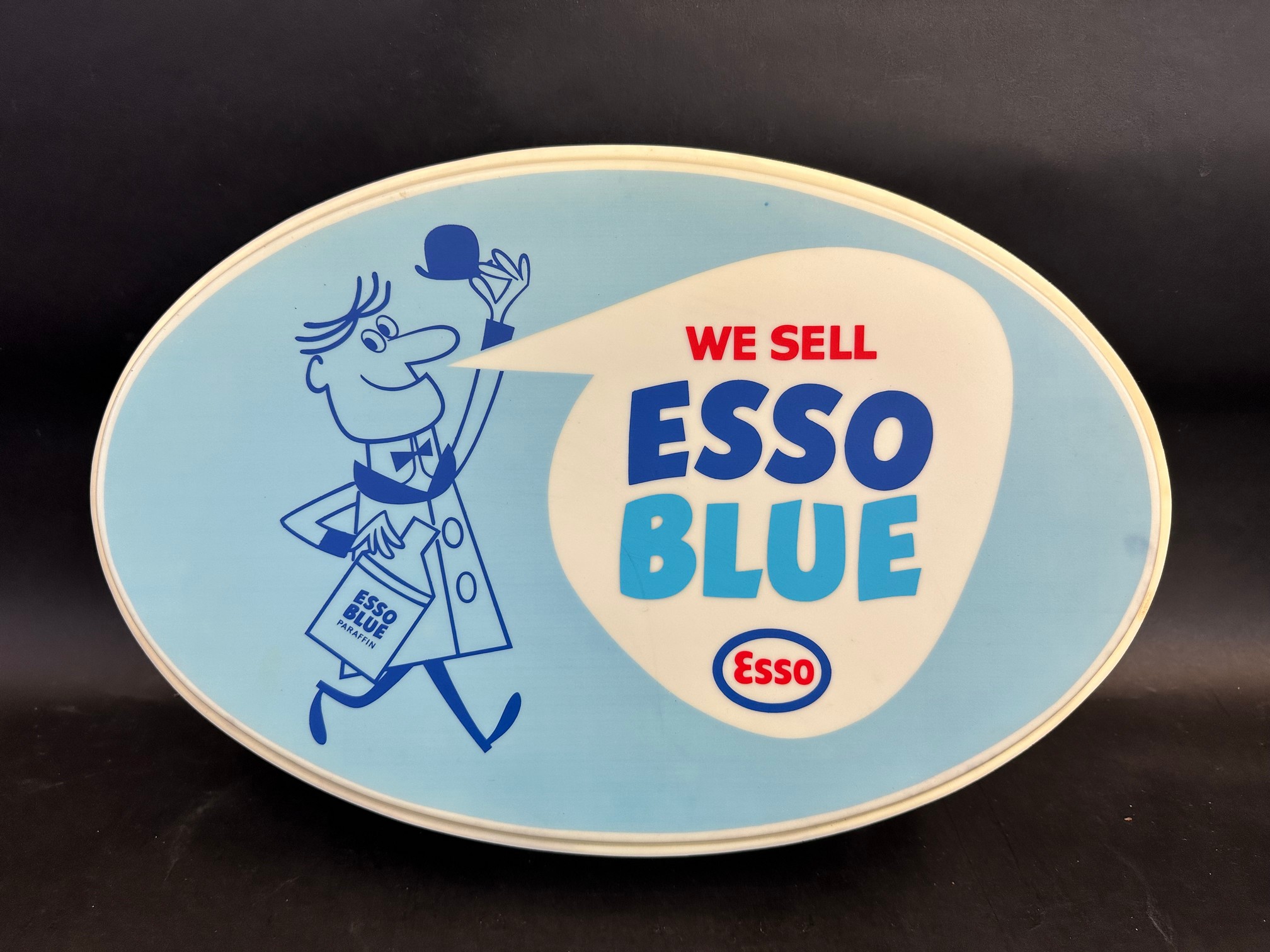 A rare surviving Esso Blue oval plastic showroom lightbox, unused new old stock in original box of