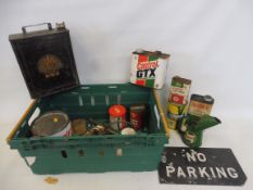 A Shell two gallon petrol can by Valor dated June 1936, a Castrol 7lb grease tin and various other