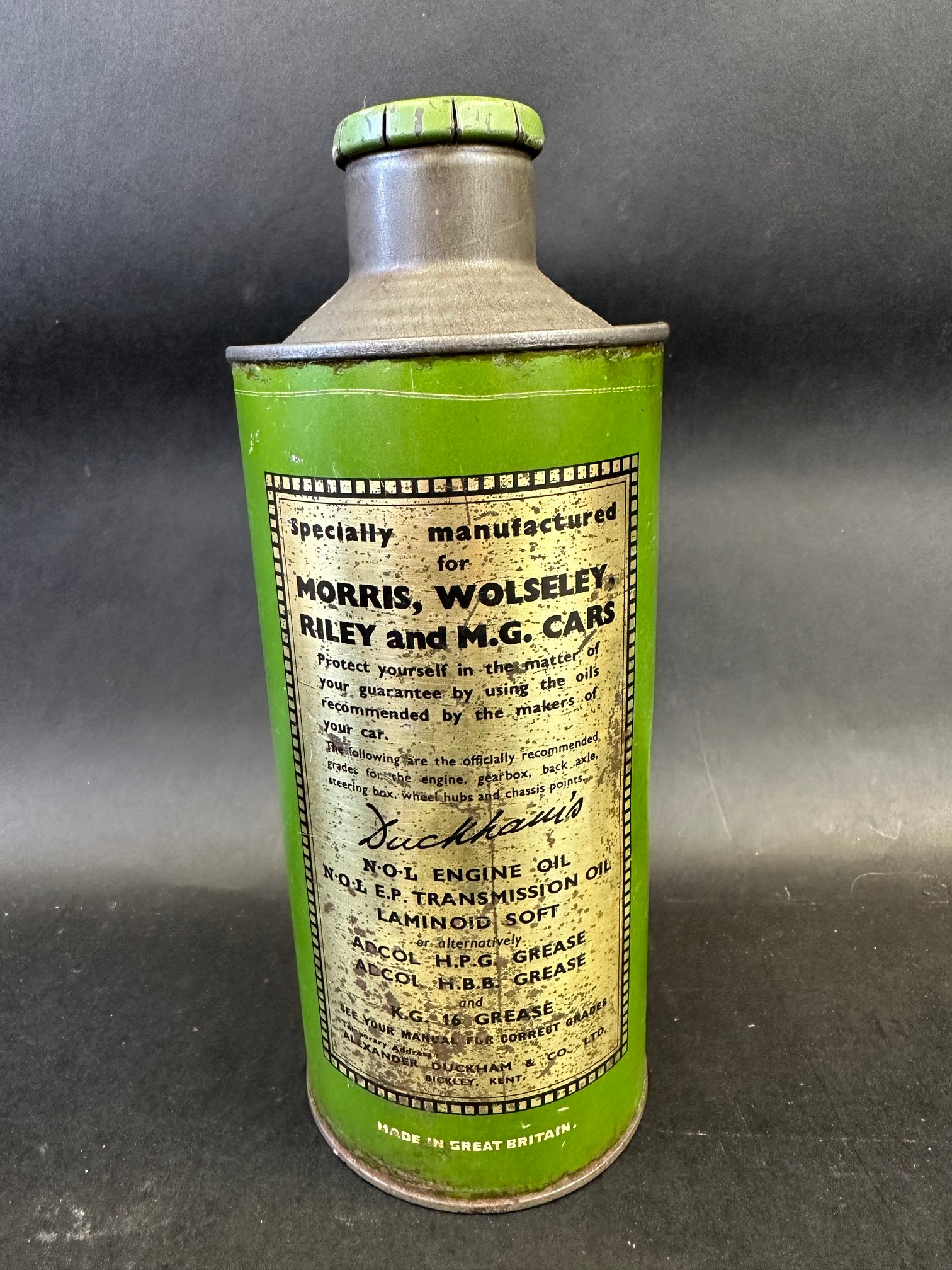 A Duckhams NOL Engine Oil quart cylindrical oil can, specified by the Morris, Wolseley, Riley and - Image 2 of 4
