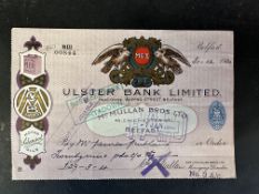 A rare surviving Mex Motor Spirit branded Ulster Bank Mimited cheque, dated 31st December 1932.