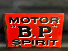 A BP Motor Spirit double sided enamel sign with hanging flange, made by Franco 24 x 16".