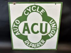 An Auto Cycle Union ACU Repairer double sided enamel sign, in excellent condition, 18 x 18".