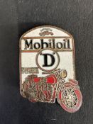 A rare Mobiloil 'D' grade enamel lapel badge with image of a motorcycle, stamped W.O. Lewis to the