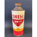 A Shell Spirax cylindrical quart can.