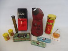 An Ovoline Motor Oil quart measure dated 1935, various John Bull puncture repair kits and other tins