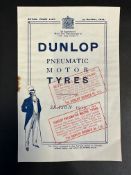 A Dunlop Pneumatic Motor Tyres price list for the 1919 season.