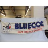 A Smiths Bluecol pictorial advertising banner, with an image of a skating robin holding a can of