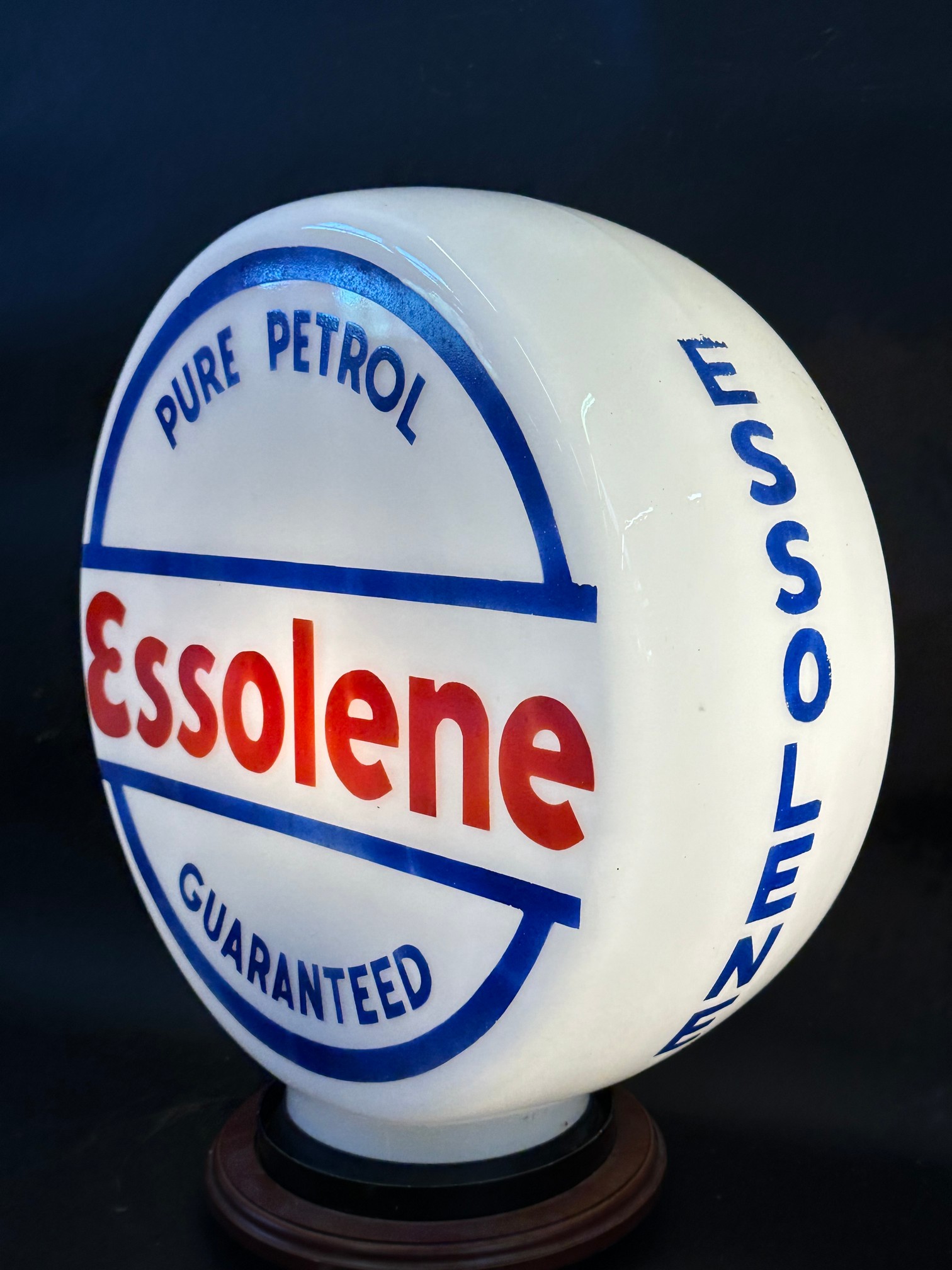 A rare 1930s Essolene drum shaped glass petrol pump globe in superb condition, fully stamped - Image 3 of 5