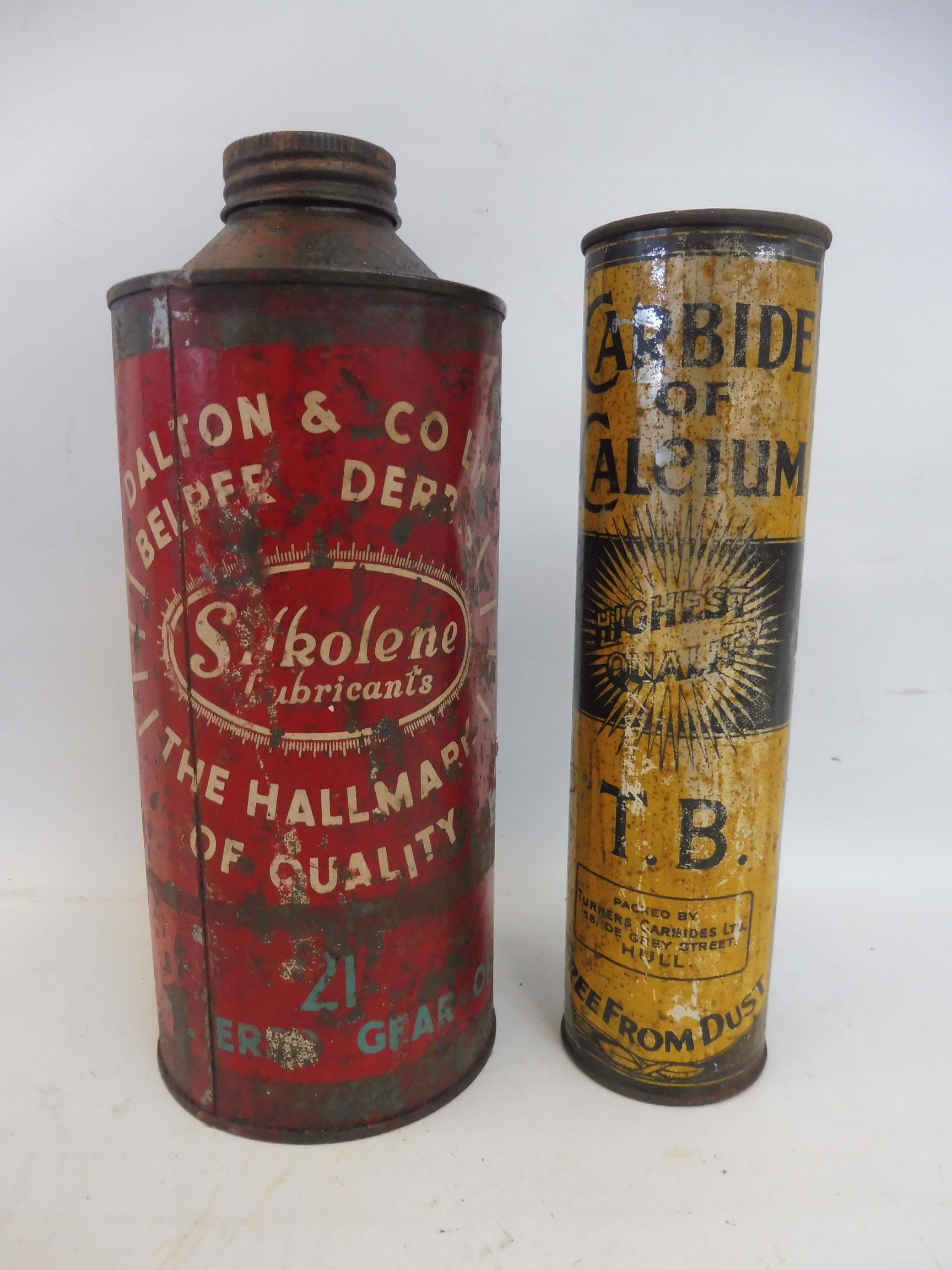 A Dalton & Co. Ltd Silkolene Lubricants quart can and a Carbide of Calcium cylindrical tin.