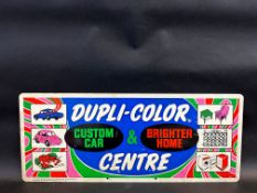 A double sided metal rack pediment sign, advertising Dupli-Color Custom Centre, 24 x 9 3/4".