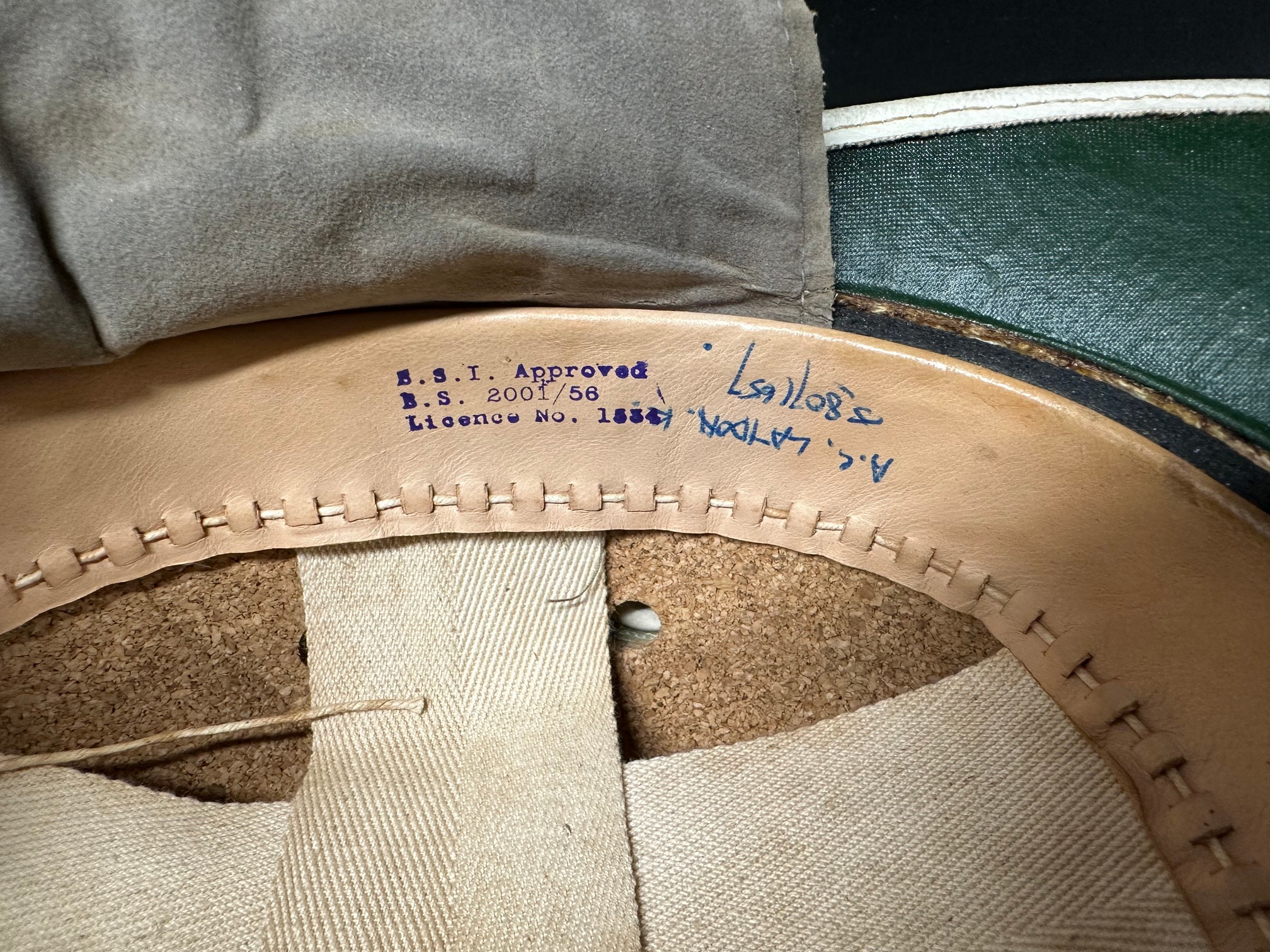 A leather covered cork helmet with peak, with accompanying goggles. - Image 4 of 5