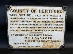 A cast iron notice sign - County of Hertford, 20 1/2 x 16".