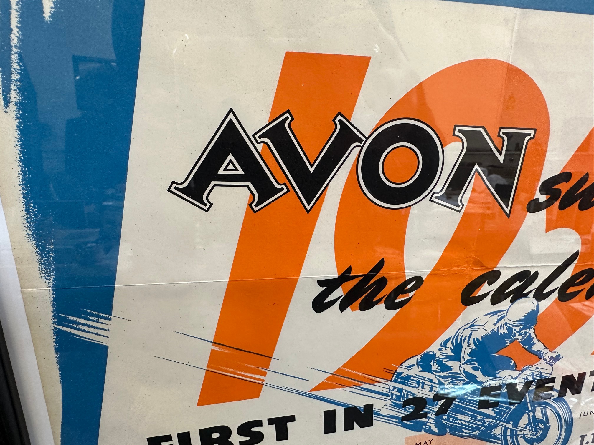 A framed and glazed Avon Tyres advertising poster showing first place in 27 events, 1951, 18 x 22". - Image 2 of 4