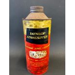 A Dunlop Adhesives cylindrical quart can with paper label.