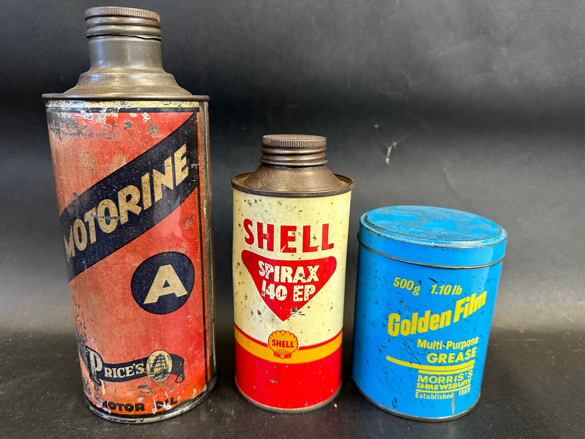 A Price's Motorine 'A' grade quart can, a Shell Spirax pint can, still full and sealed and a