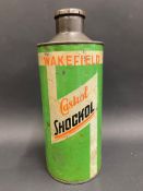 A Wakefield Castrol Shockol quart cylindrical oil can.