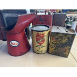 A Filtrate square can, a Royal Snowdrift 7lb tin and a large Esso measure.