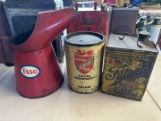 A Filtrate square can, a Royal Snowdrift 7lb tin and a large Esso measure.