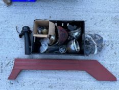 A crate of Austin 7 and other spares including lamps, an Austin 7 sill repair panel etc.