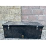 A large sloping backed car trunk, 40 1/2" w x 15 1/2" h x 21" d.