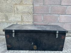 A large sloping backed car trunk, 40 1/2" w x 15 1/2" h x 21" d.