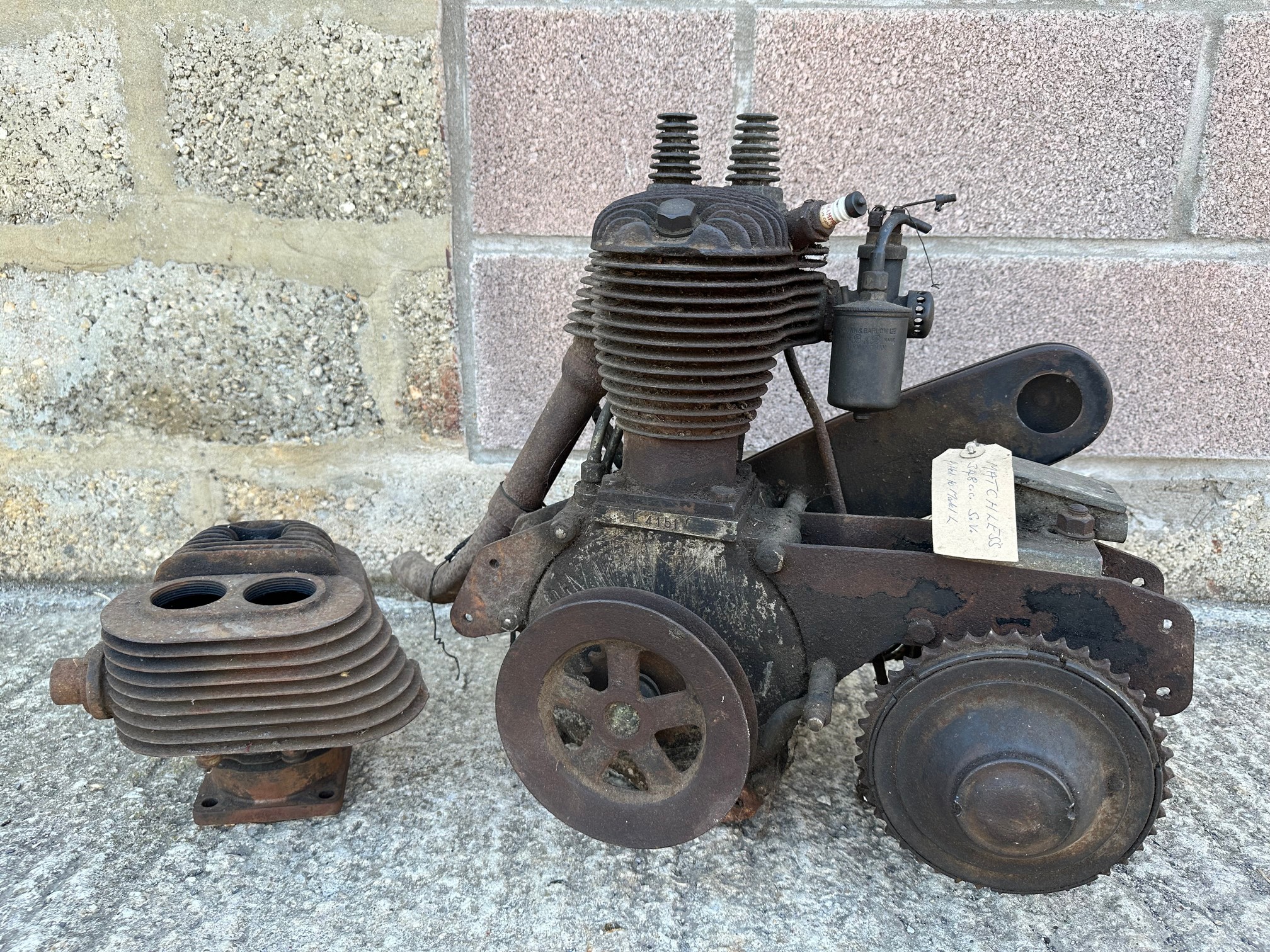 A Matchless 350 SV motorcycle engine and spare block, Model L, by repute turns over.