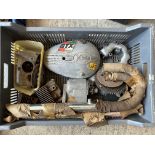 A box of motorcycle parts including Honda Monkey bike head and barrel, Villiers engine casings etc.